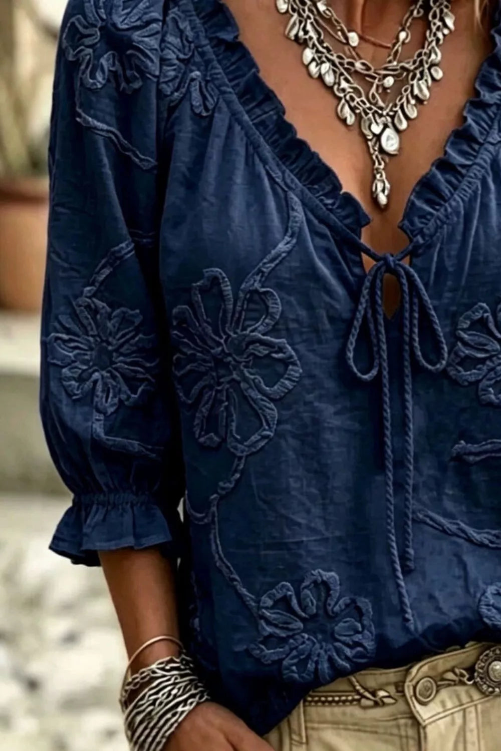 Floral Tie Neck 3/4 Sleeve Blouse (9)