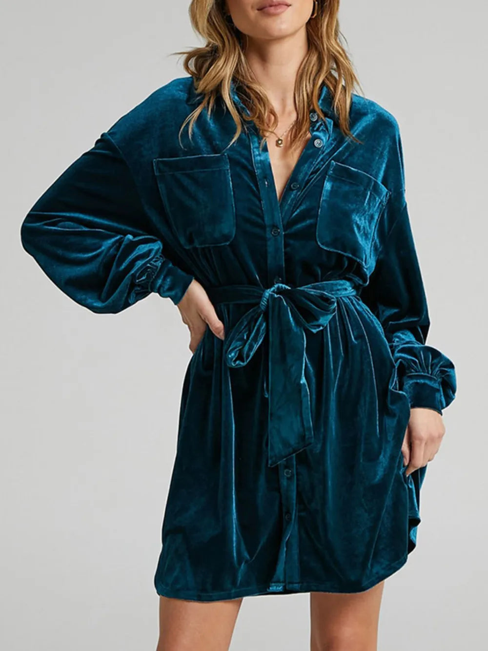 Collared Neck Button Down Long Sleeve Mini Dress (3)
