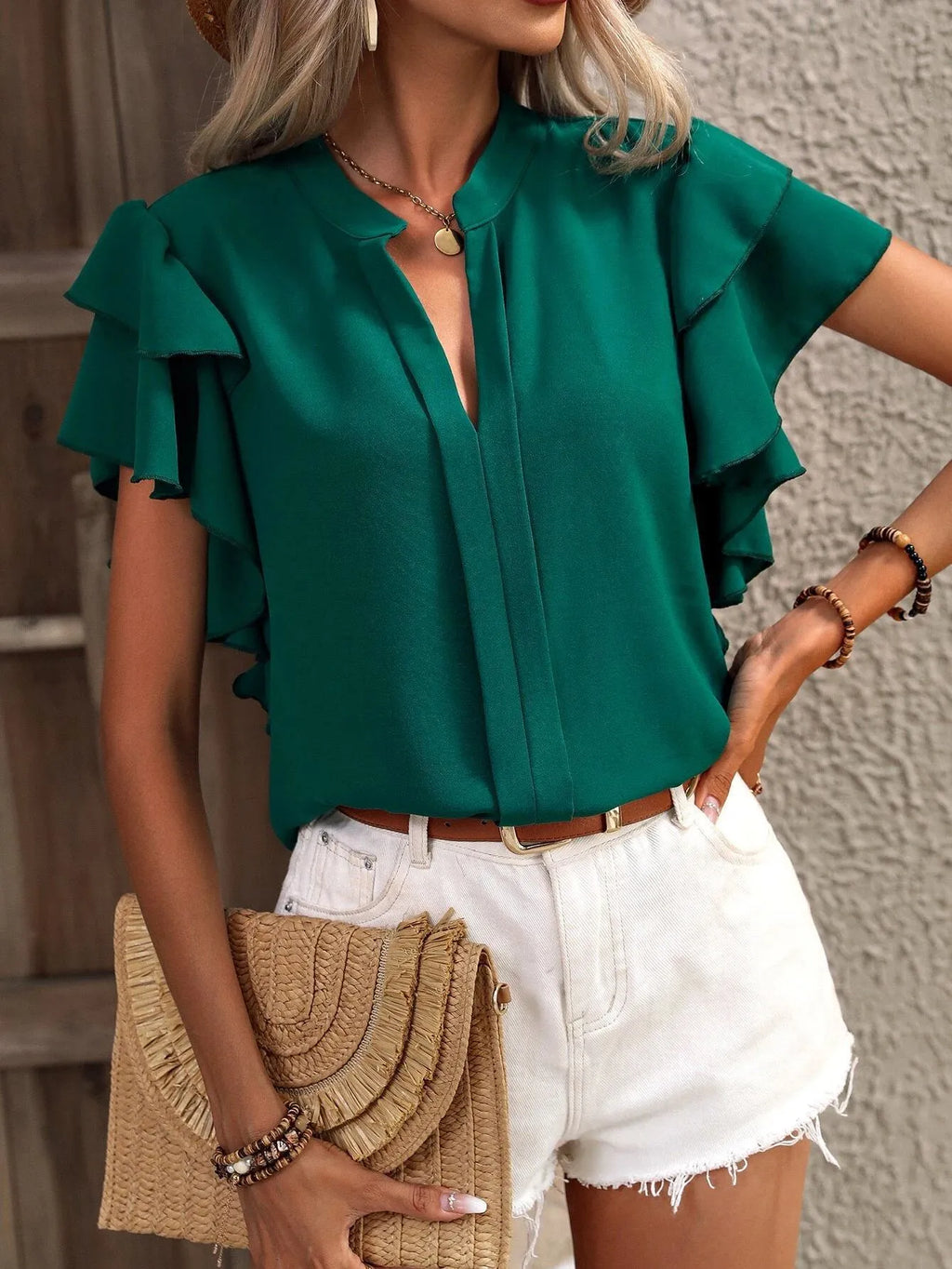 Ruffle Sleeve Notched Blouse (18)