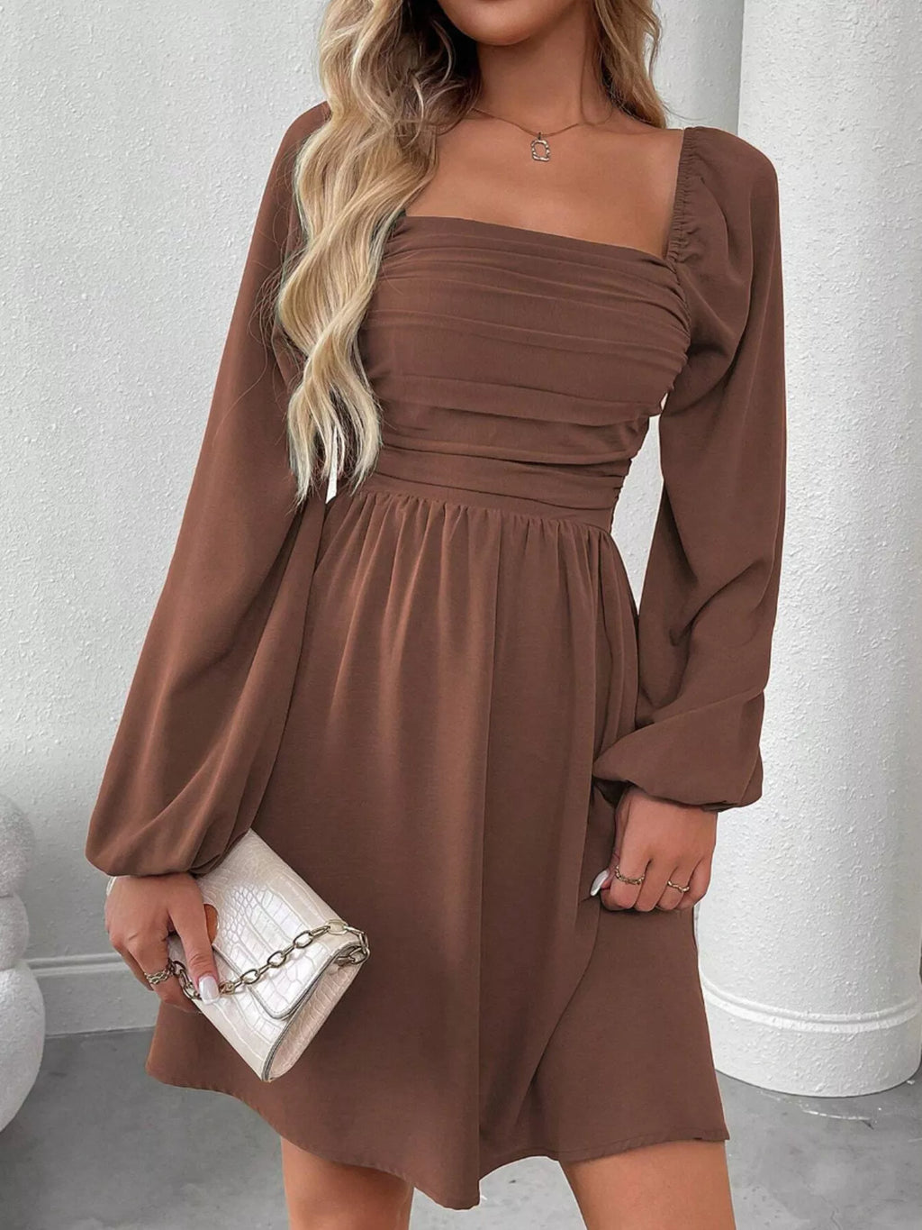 Ruched Square Neck Long Sleeve A-line Dress (18)