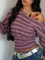 Off-shoulder Striped Cropped Knit Top (7)