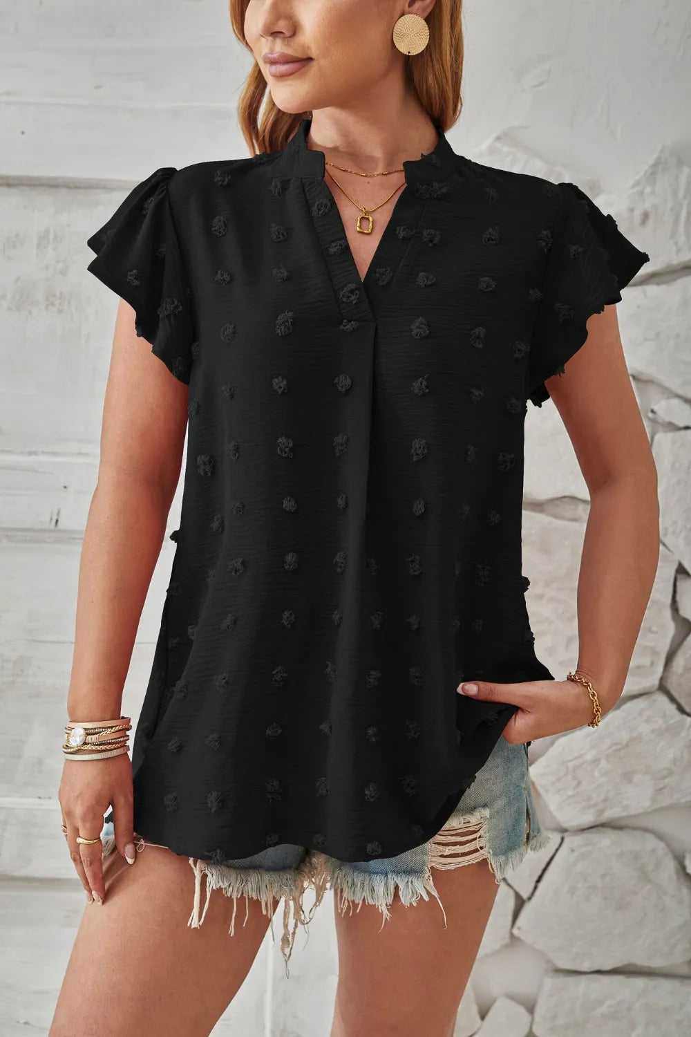 Swiss Dot Notched Cap Sleeve T-shirt (11)