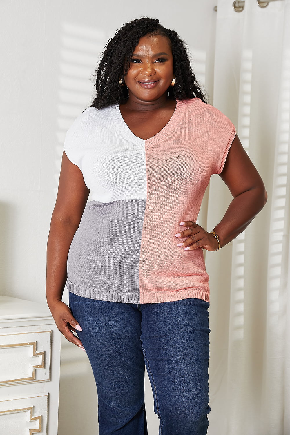 Block V-neck Knit Top (17)