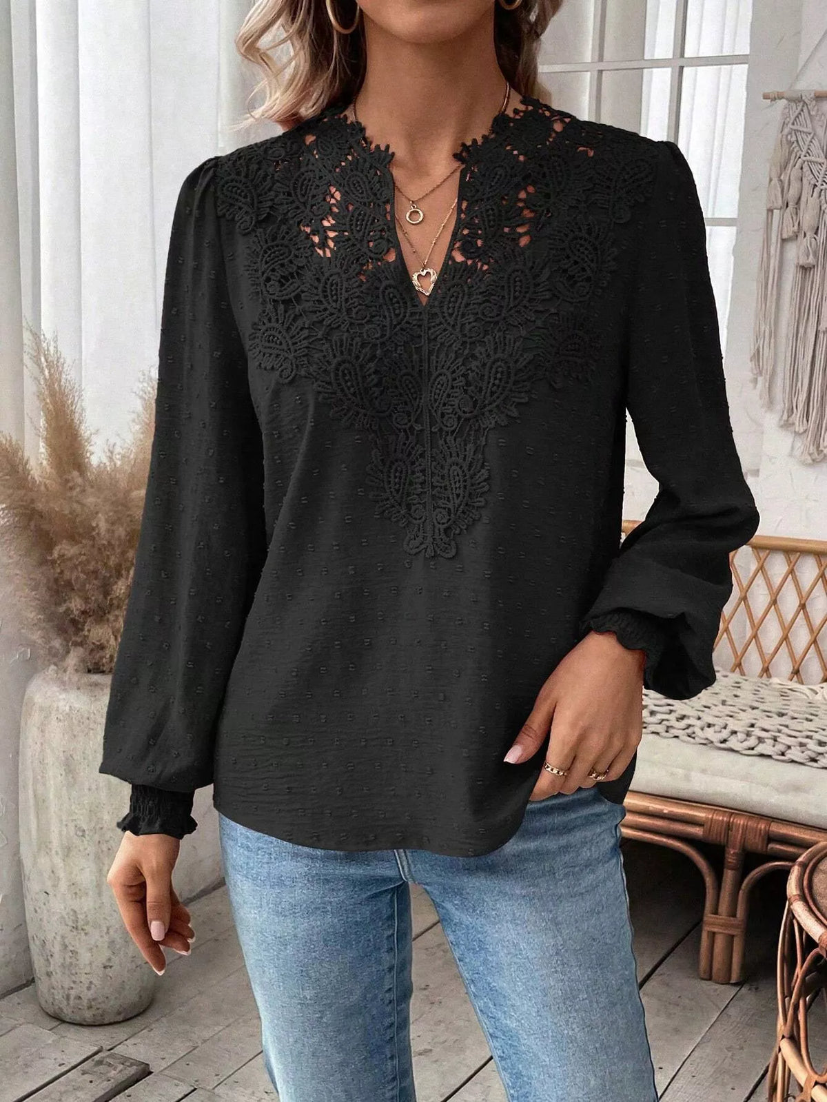 Lace Trim Long Sleeve Blouse (17)