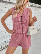 Gingham Print Tie Front Top Shorts Set (14)