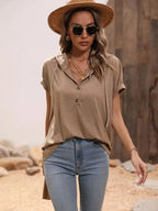 Half Button Hooded Short Sleeve Blouse (2)