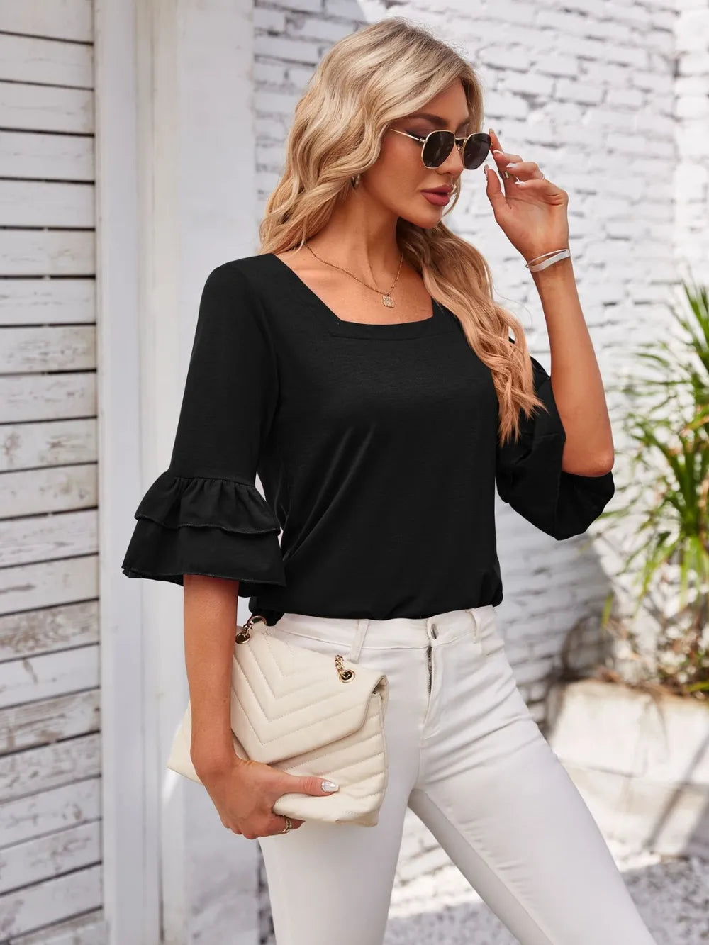 Ruffled Suqare Neck Half Sleeve Blouse (8)