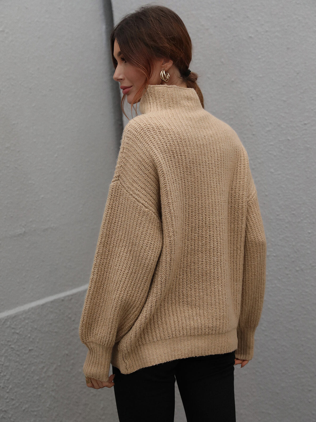 High Neck Balloon Sleeve Rib-knit Pullover Sweater (11)