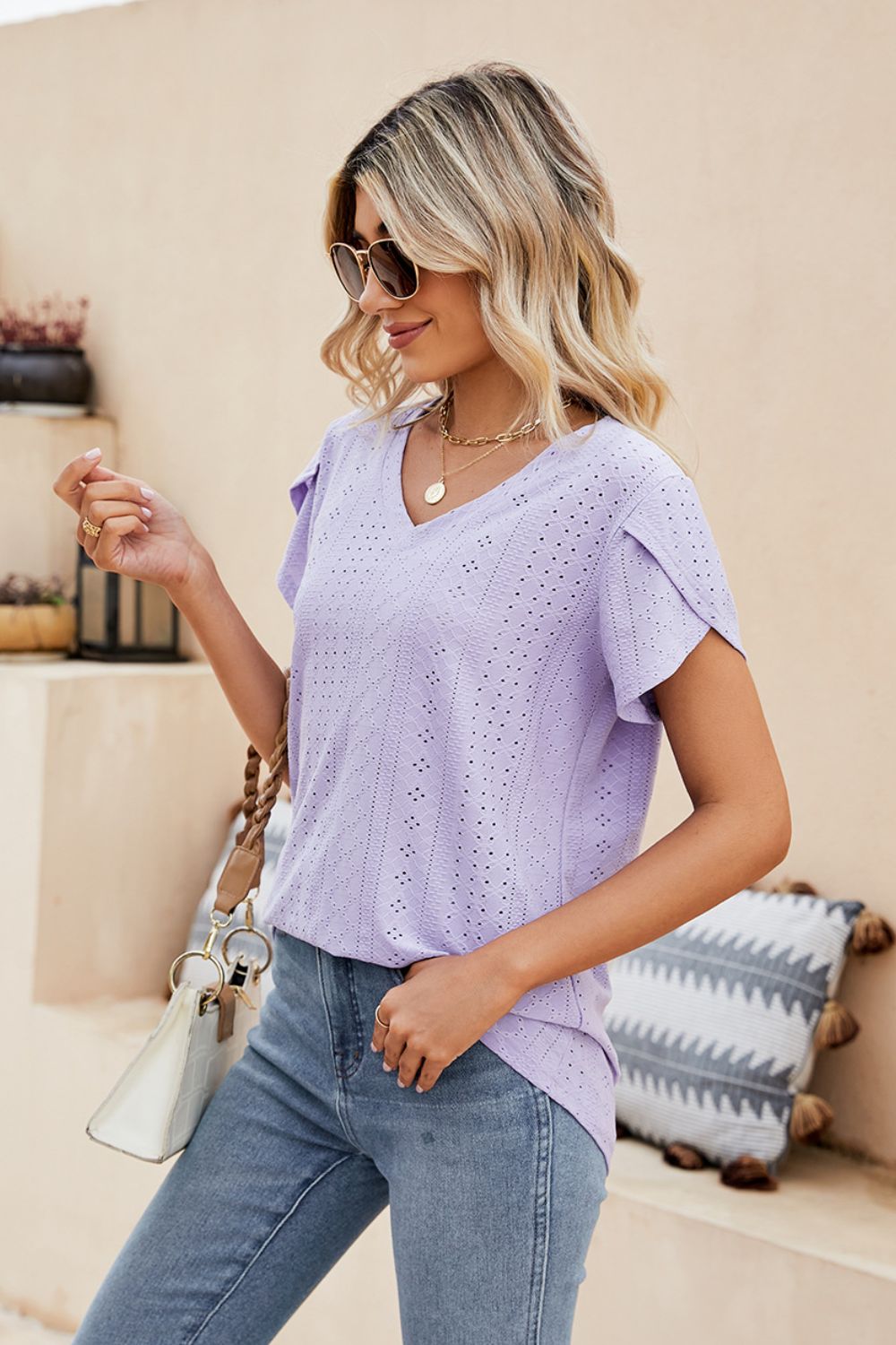 Eyelet Petal Sleeve V-neck Knit Top (4)