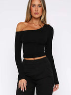 One Shoulder Long Sleeve Crop T-shirt (3)