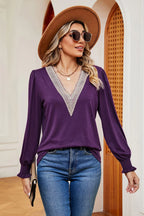 Lace Detail V-neck Lantern Sleeve T-shirt (15)
