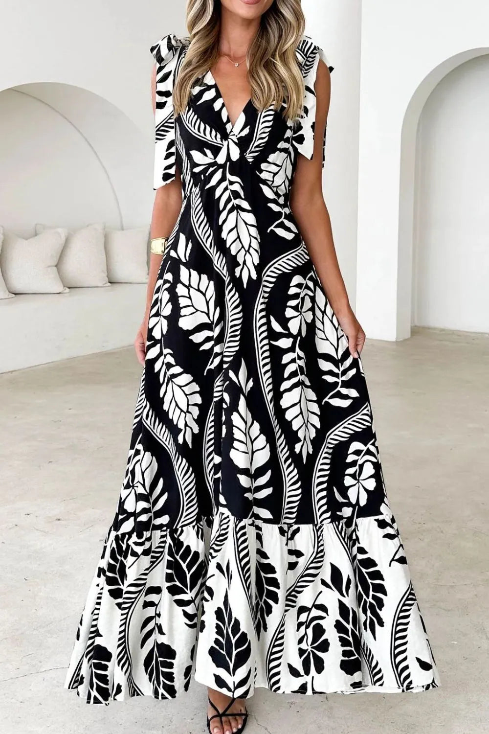 Printed V-neck Tie Shoulder Midi Cami Dress (10)