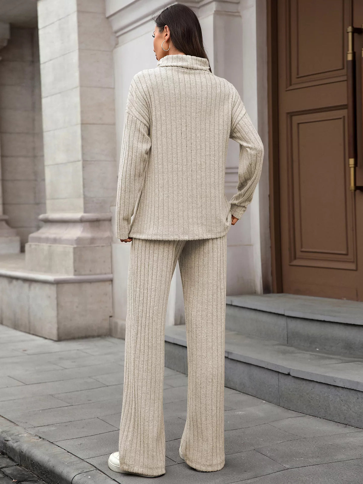 Ribbed Turtleneck Dropped Shoulder Top Pants Sweater Set (21)