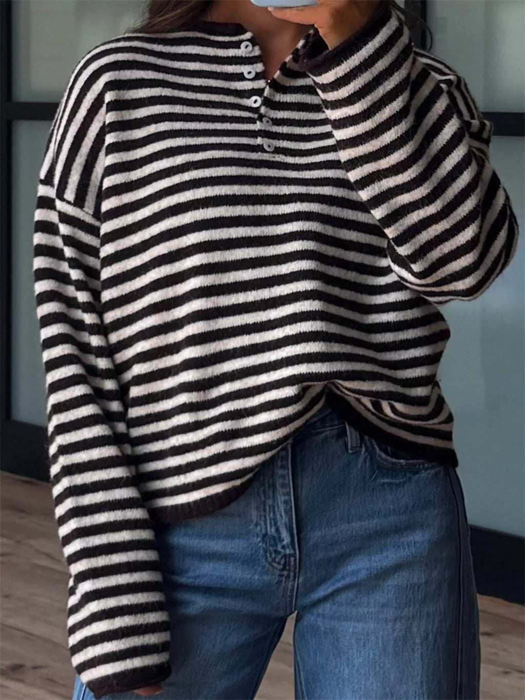 Button Detail Dropped Shoulder Striped Sweater (8)