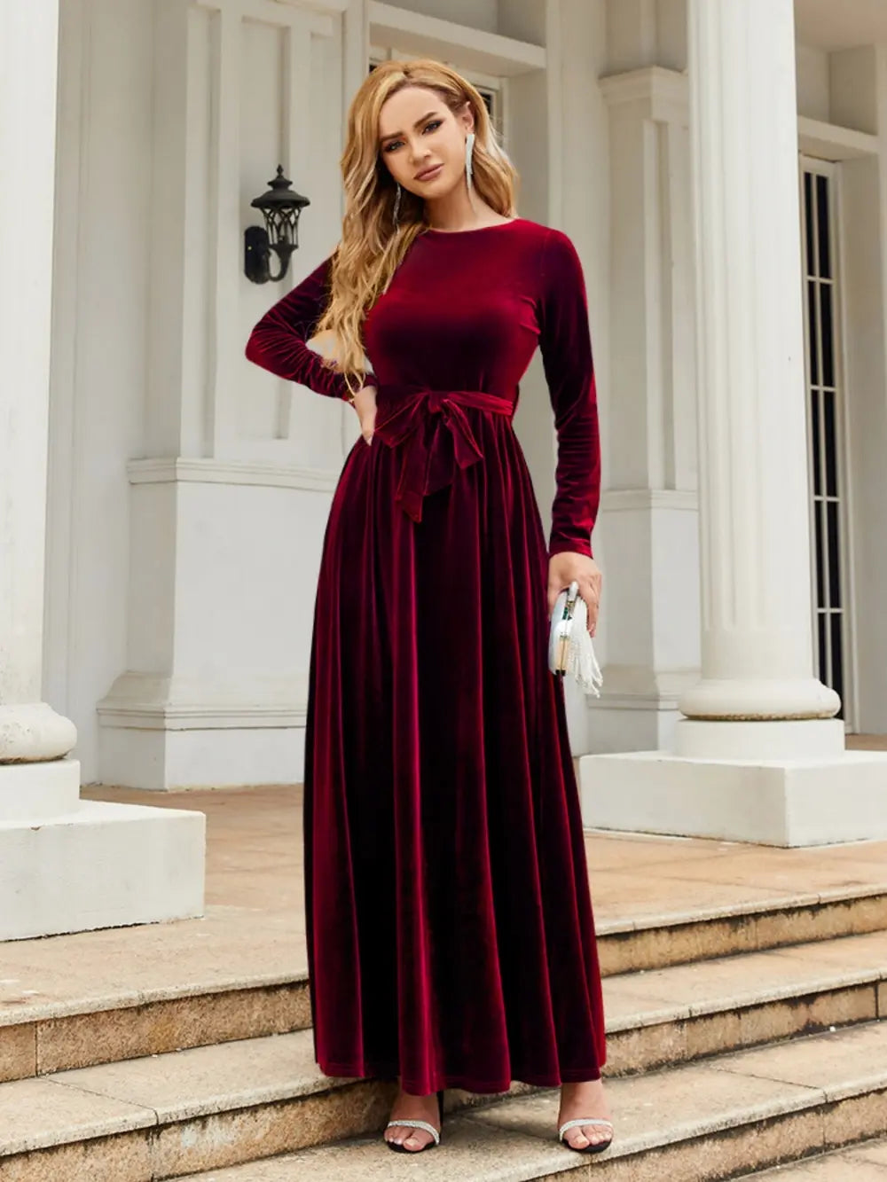 Tie Front Round Neck Long Sleeve Maxi Dress (3)
