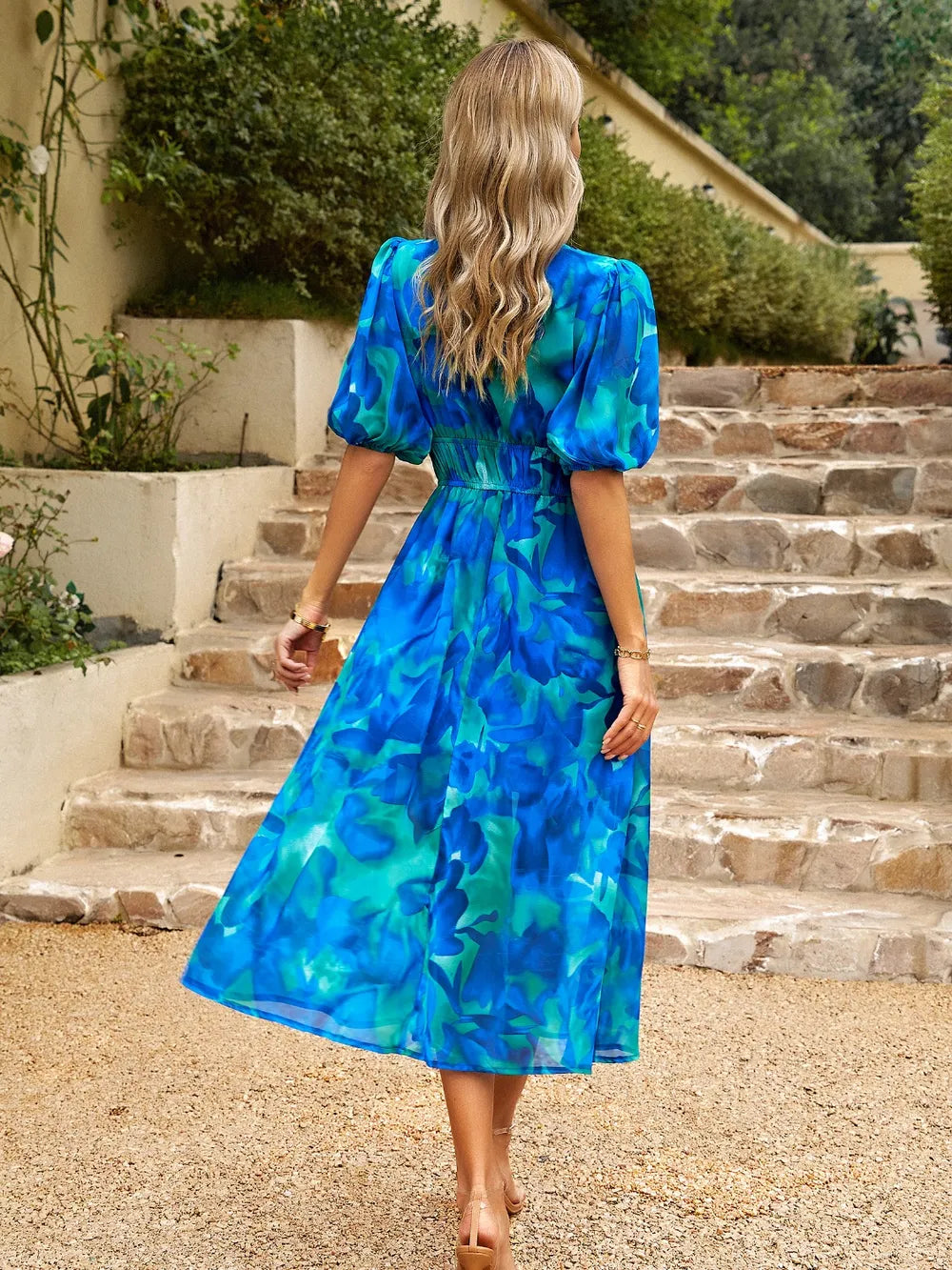 Smocked Printed V-neck Half Sleeve Midi Dress (18)