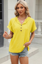 Eyelet Drawstring Hooded Short Sleeve Blouse (27)