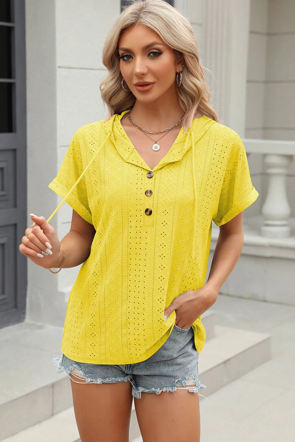 Eyelet Drawstring Hooded Short Sleeve Blouse (27)