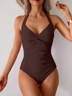 Twisted Front Halter Neck Ruched One-piece Swimsuit (23)