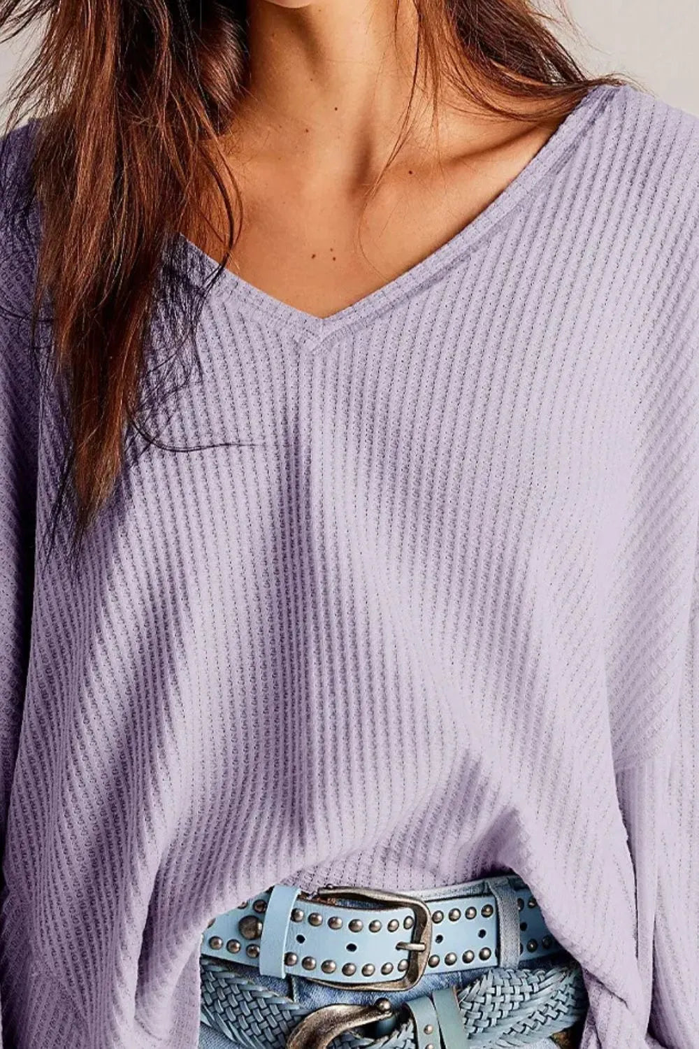 Waffle-knit V-neck Long Sleeve Top (16)