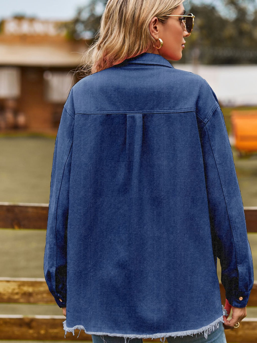 Button Up Collared Neck Raw Hem Denim Top (8)