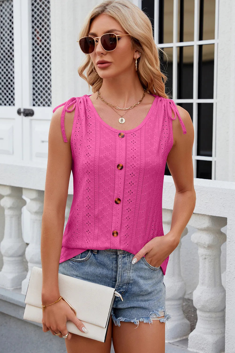 Eyelet Round Neck Wide Strap Tank (11)