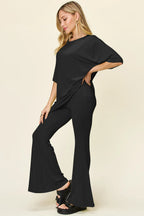 Full Size Round Neck Drop Shoulder T-shirt Flare Pants Set (7)