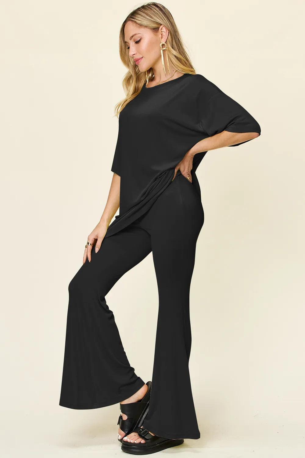 Full Size Round Neck Drop Shoulder T-shirt Flare Pants Set (7)