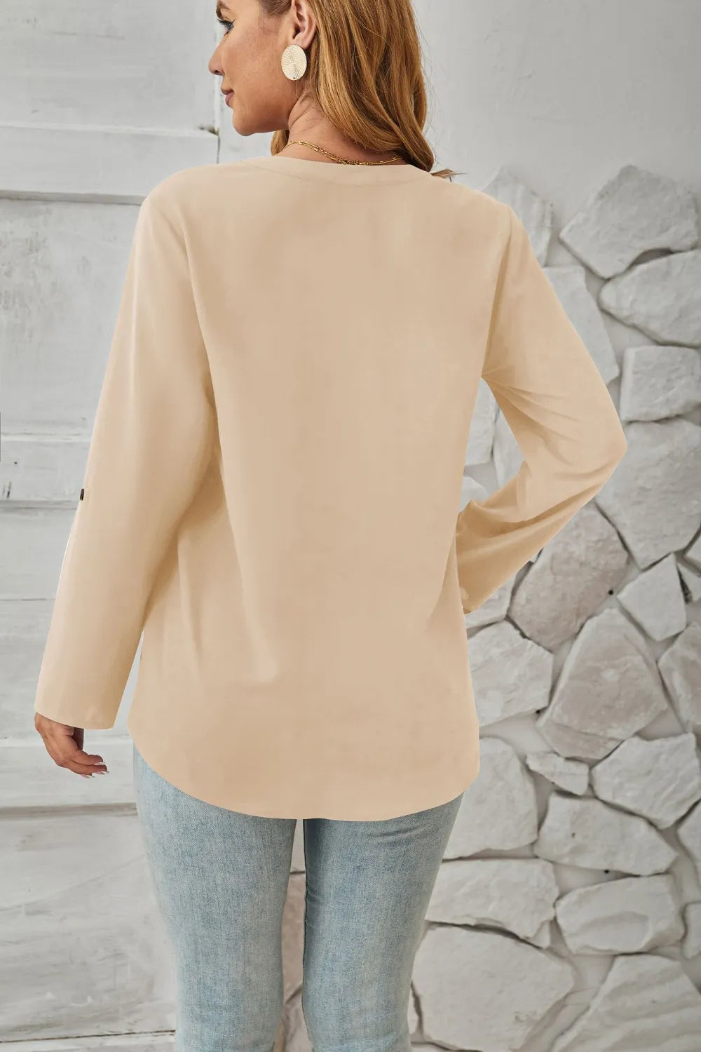 Decorative Button Notched Long Sleeve Blouse (9)