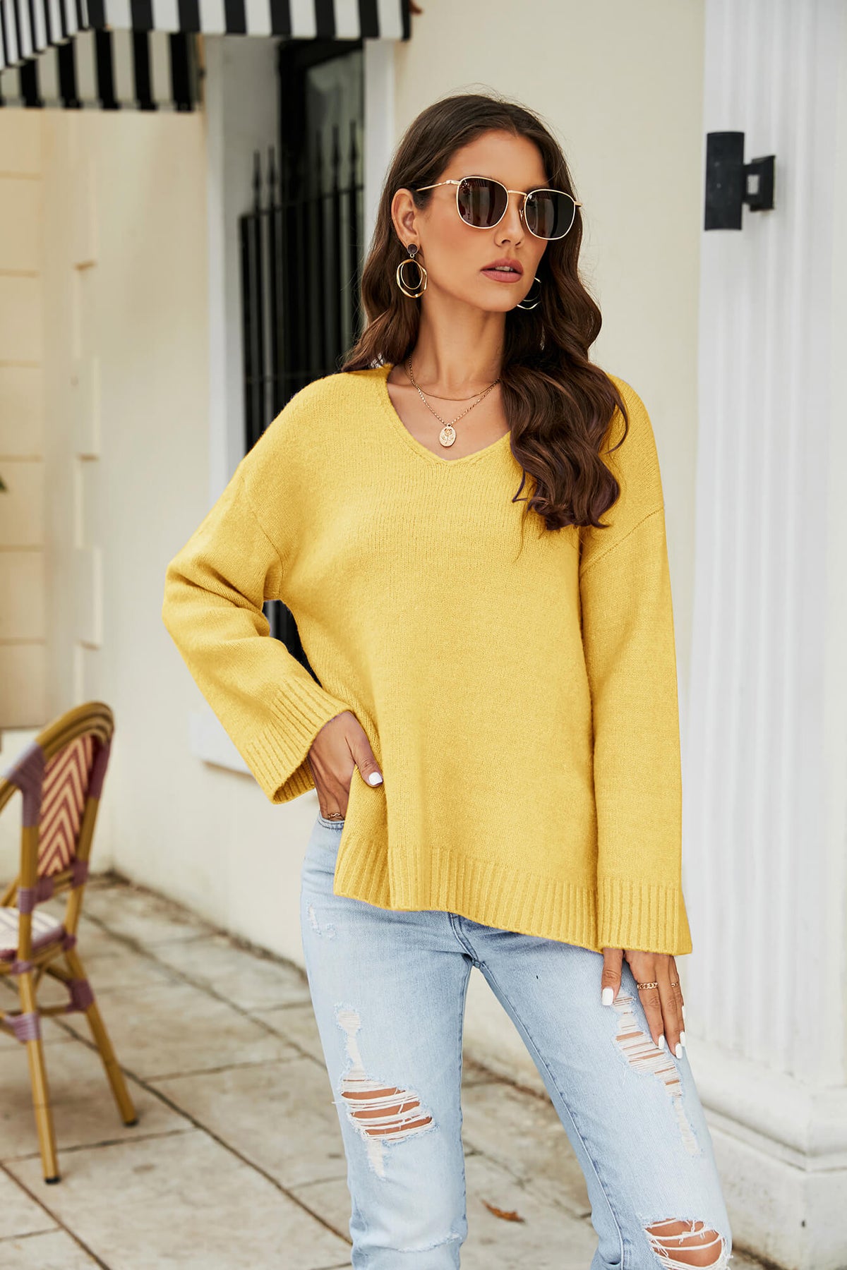 Drop Shoulder V-neck Knit Pullover