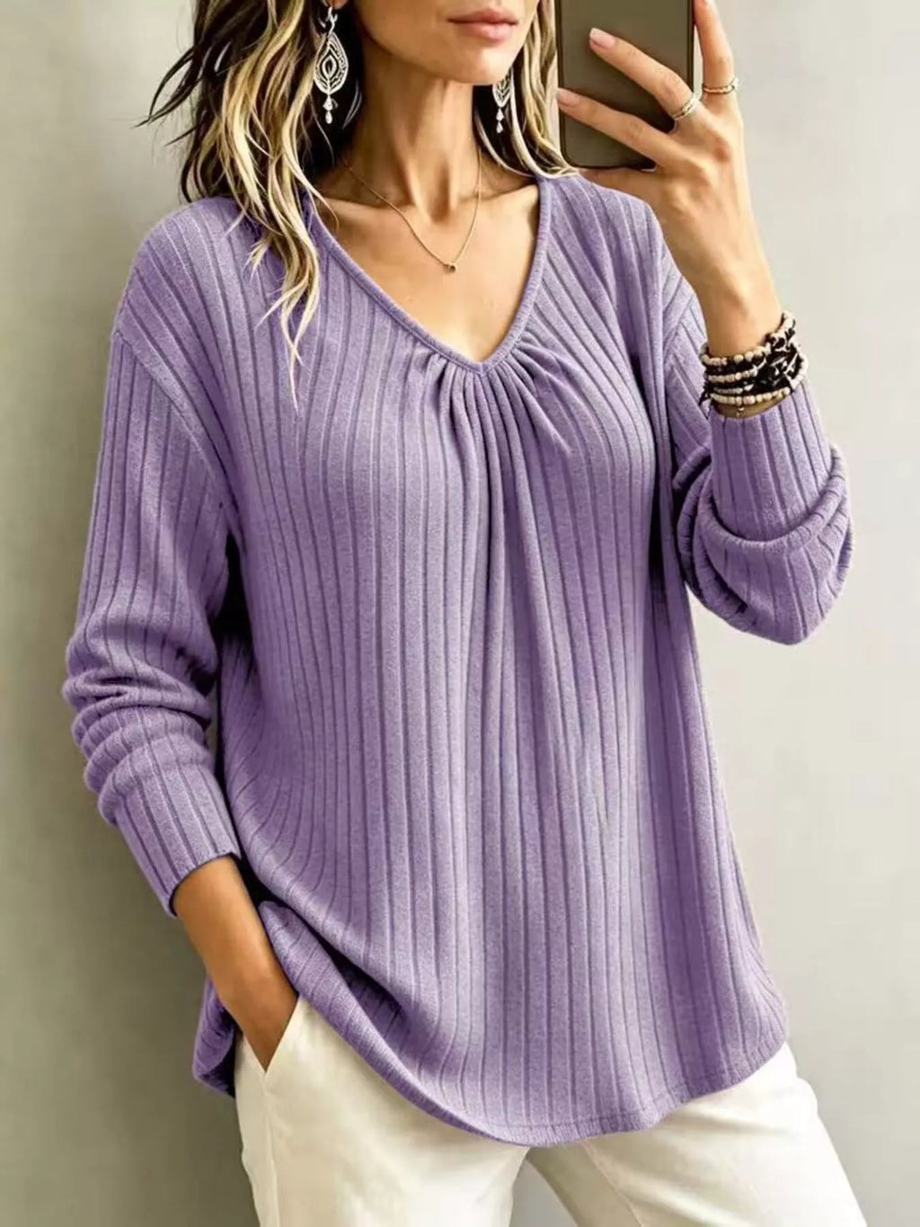 V-neck Ribbed Long Sleeve T-shirt (14)