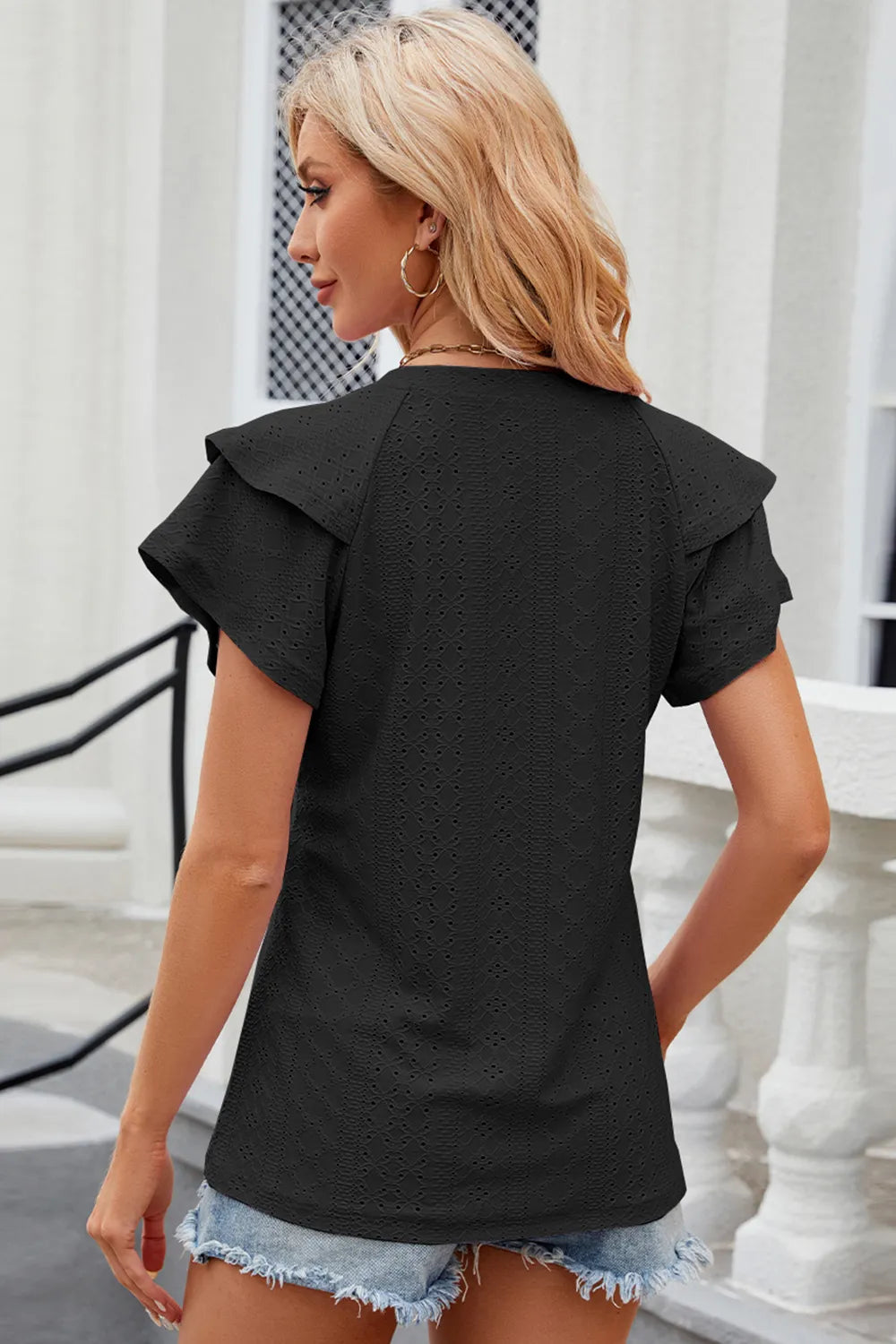 Eyelet Notched Flutter Sleeve T-shirt (32)