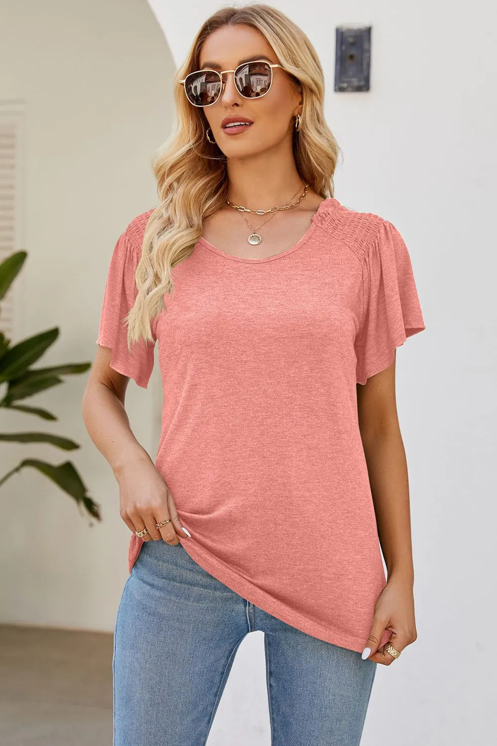 Smocked Round Neck Flutter Sleeve T-shirt (26)