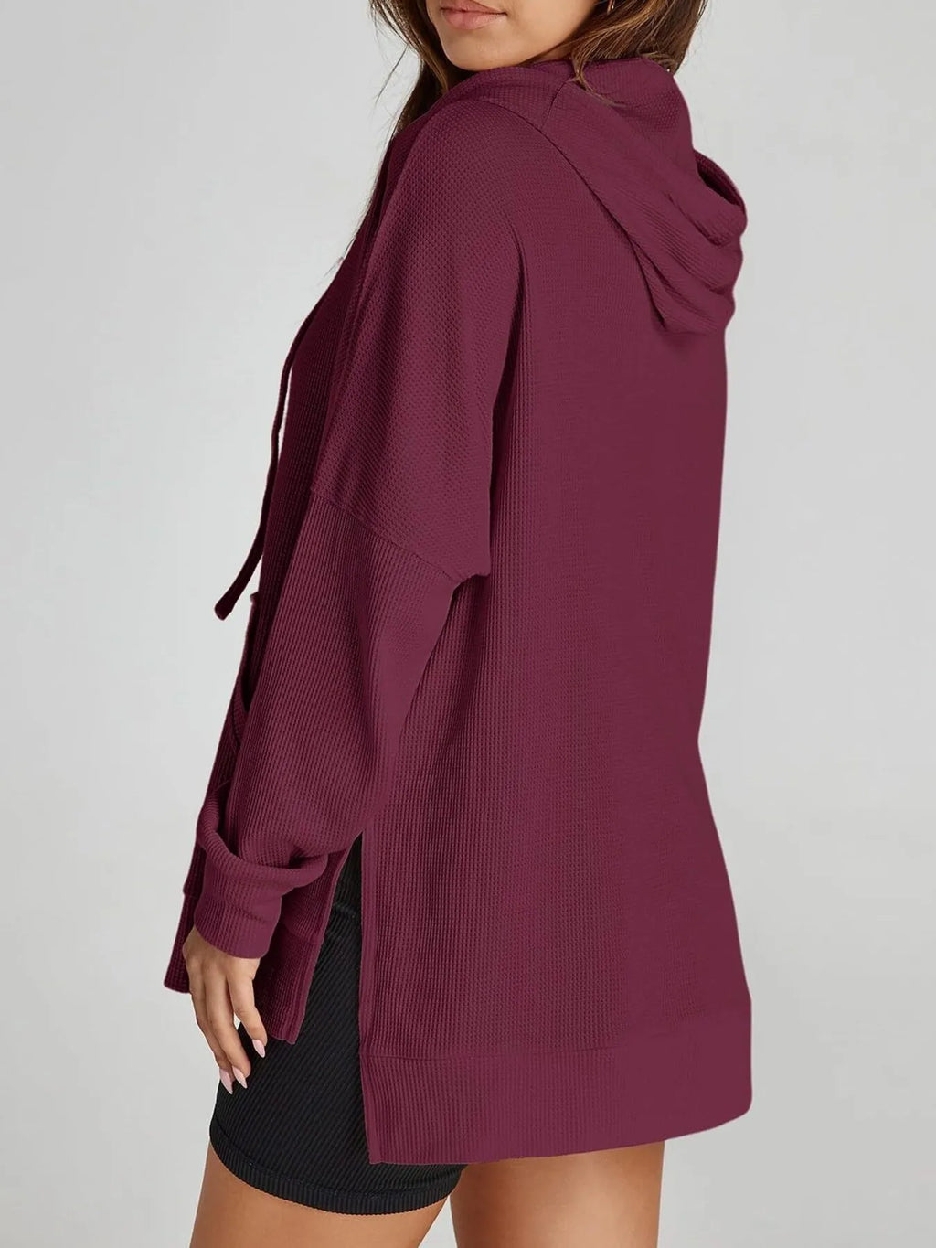Slit Drawstring Waffle Knit Hoodie (11)