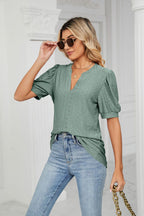 Eyelet Short Puff Sleeve Notched Neck Top (18)