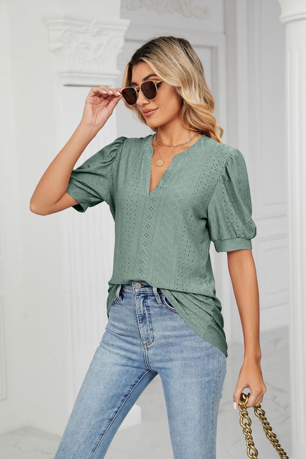 Eyelet Short Puff Sleeve Notched Neck Top (18)
