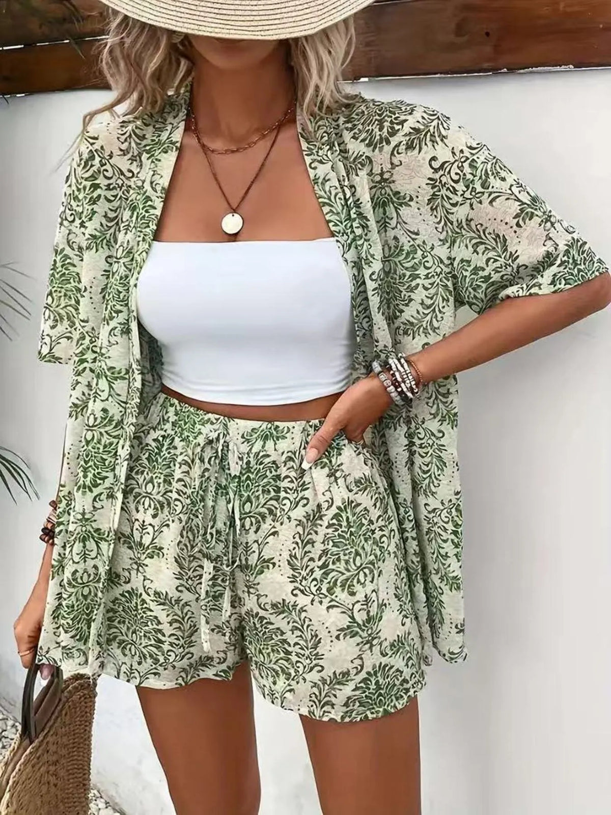 Printed Open Front Cardigan Shorts Set (4)