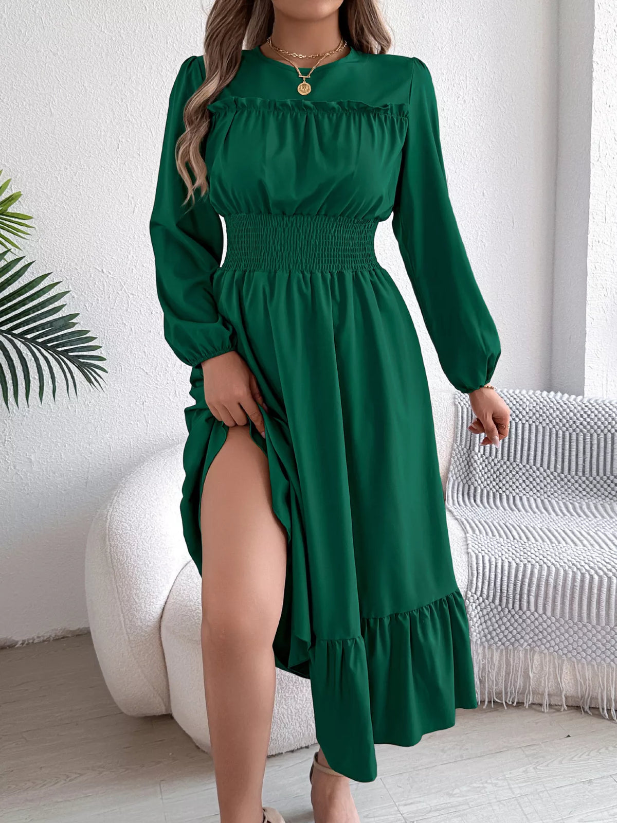 Round Neck Balloon Sleeve Tiered Dress (3)