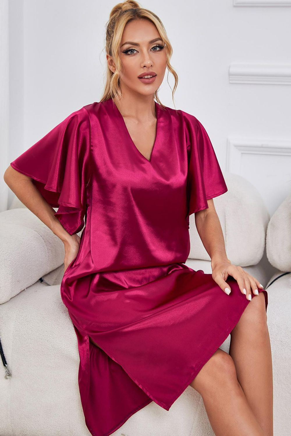 Satin Flutter Sleeve Side Slit V-neck Night Dress (6)