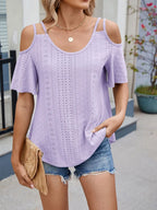 Round Neck Cold Shoulder Eyelet T-shirt (22)