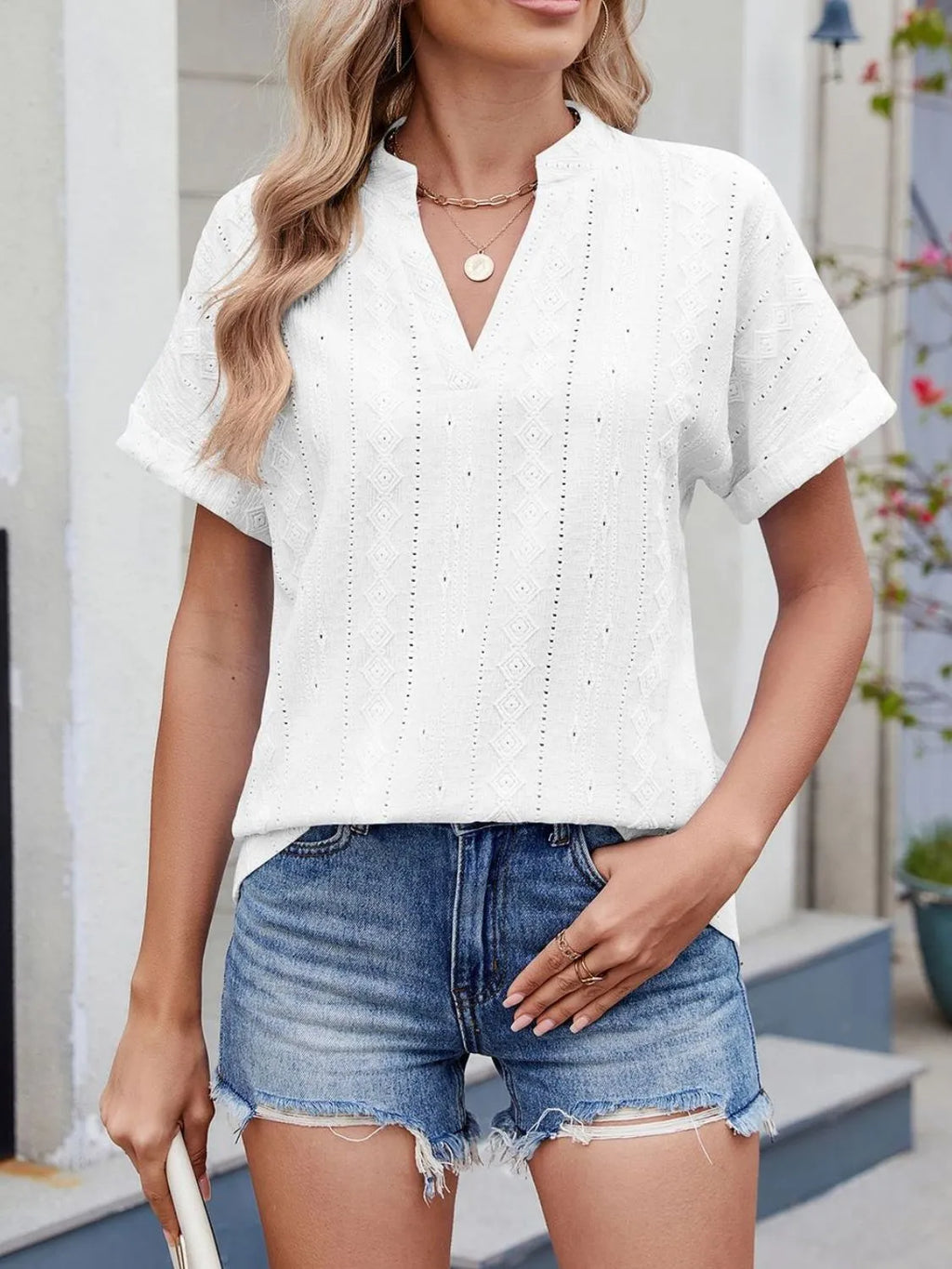 Eyelet Notched Short Sleeve Top (13)