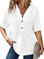 Drawstring Waffle-knit Short Sleeve Hooded Top (3)