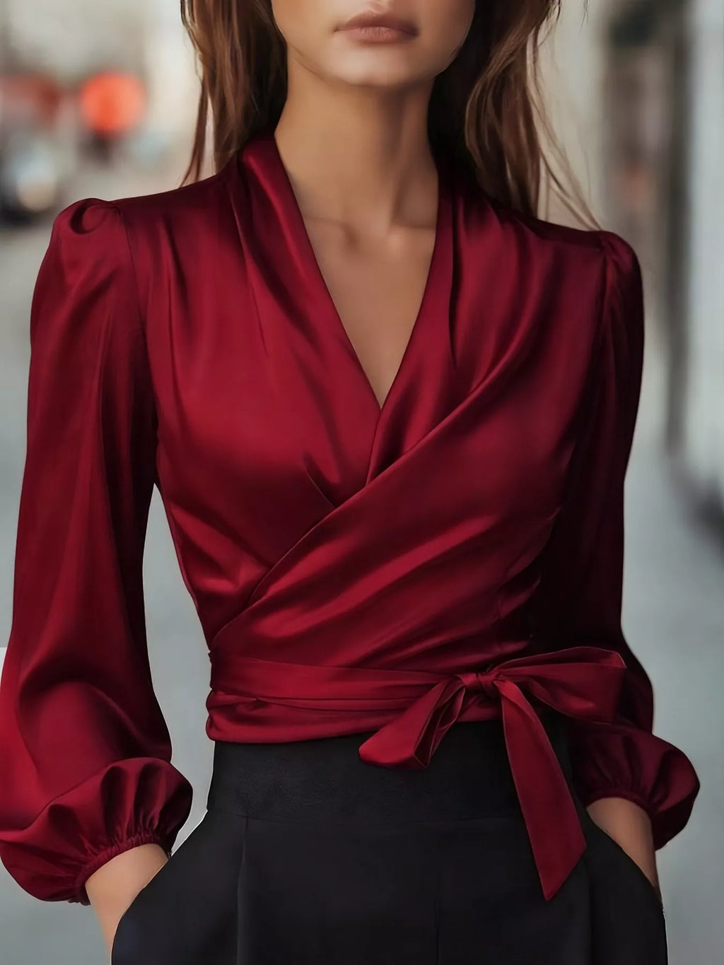 Satin Tied Balloon Sleeve Blouse (11)