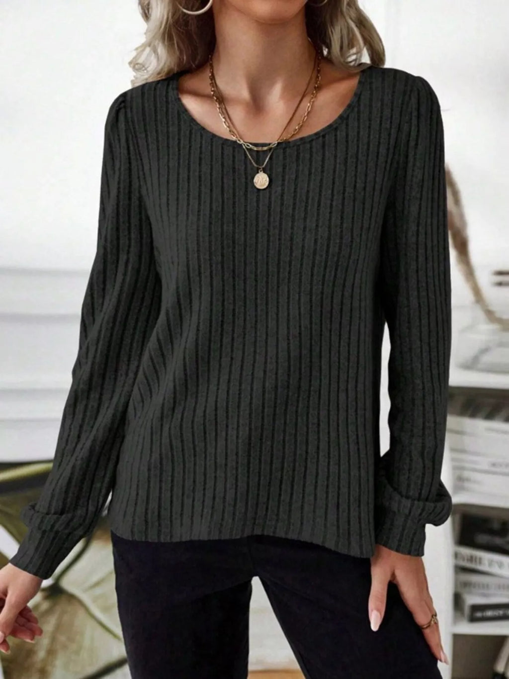 Ribbed Knit Long Sleeve T-shirt (30)