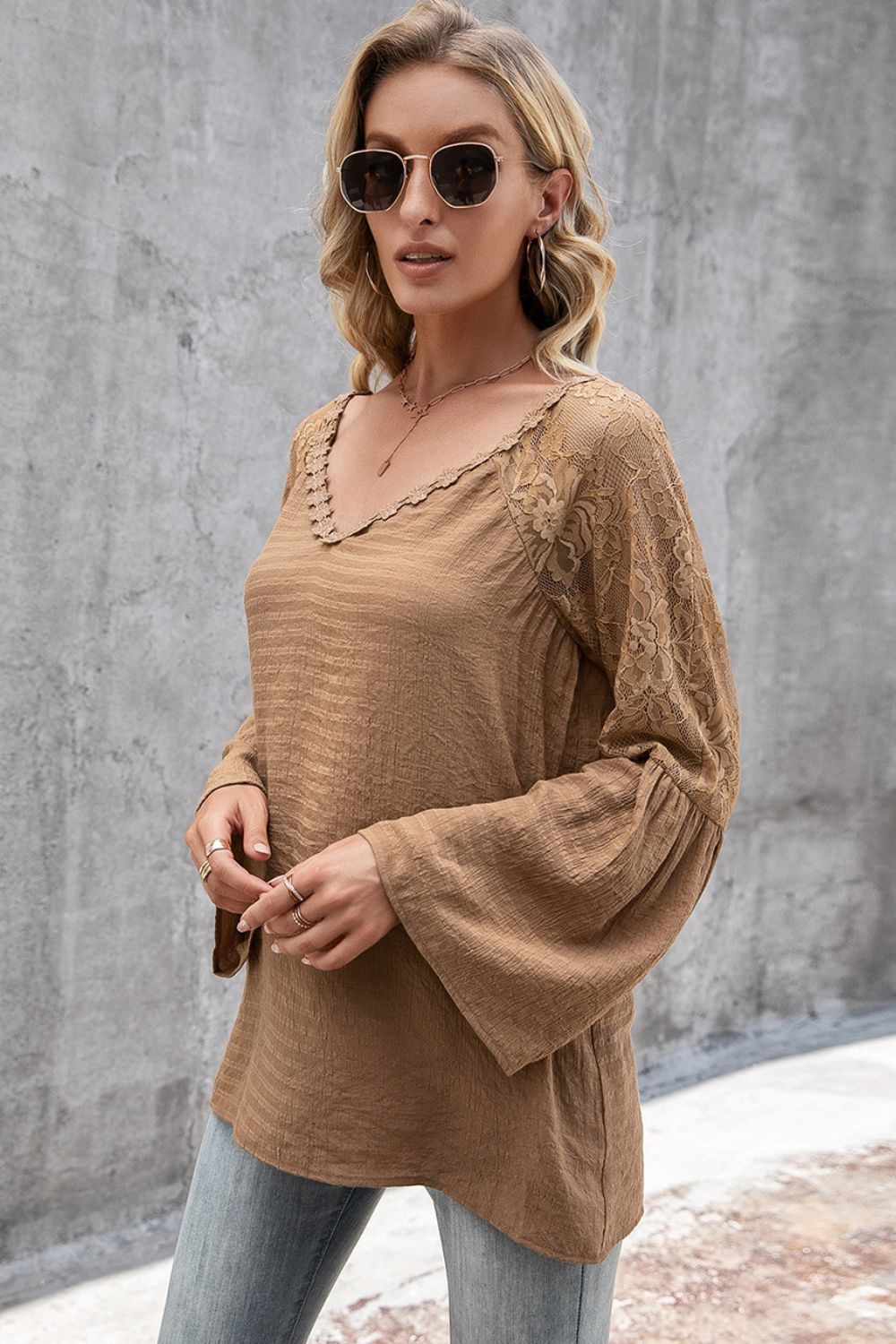 V-neck Spliced Lace Flare Sleeve Top (5)