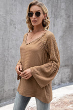 V-neck Spliced Lace Flare Sleeve Top (5)