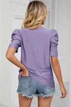 Eyelet Round Neck Puff Sleeve T-shirt (21)