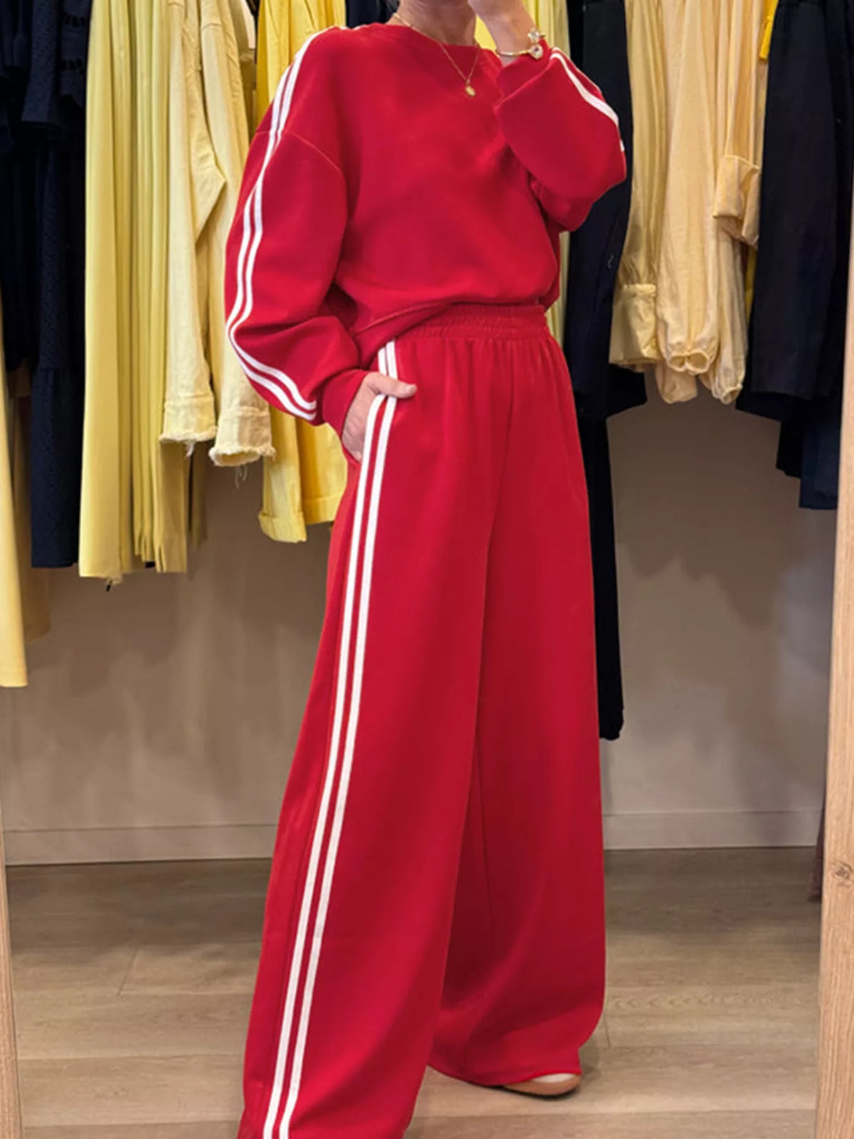 Striped Detail Crewneck Top Elastic Sweatpants 2pcs Set
