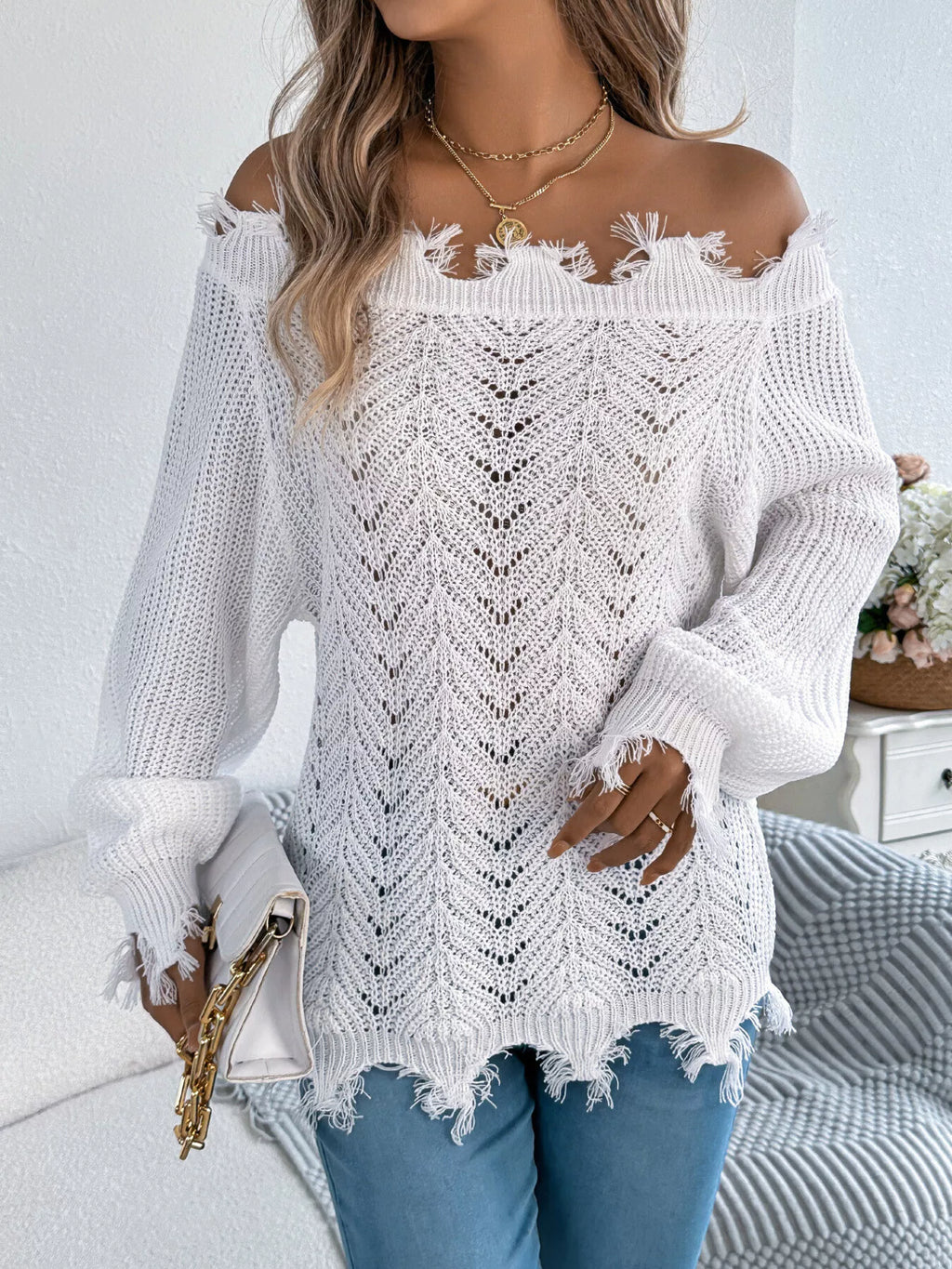 Distressed Hem Openwork Off-shoulder Sweater (17)