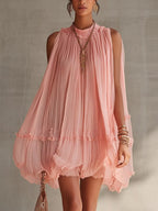 Pleated Mock Neck Sleeveless Mini Dress